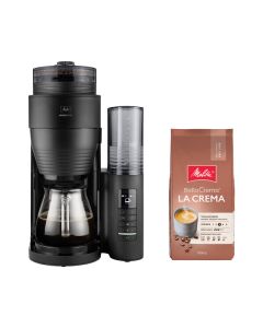 Melitta AromaFresh Glas Pro 1kg Kaffee - Kaffeemaschine mit integriertem Mahlwerk + Kaffee "Bella Crema" - schwarz
