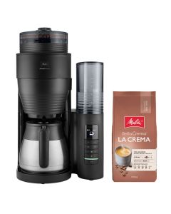 Melitta AromaFresh Therm Pro + 1kg Kaffee - Kaffeemaschine mit integriertem Mahlwerk + Kaffee "Bella Crema" - schwarz